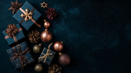 A shimmering rose-gold snowflake spread placed elegantly on dark blue festive textures.の写真素材
