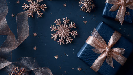 A delicate arrangement of rose-gold snowflakes placed on deep textured blue.の写真素材
