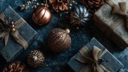 A premium ribbon-centered composition using deep blue and metallic tones.の写真素材