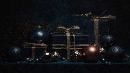 A premium top-view holiday scene with neatly wrapped deep-blue gifts accented with rose-gold foils.の写真素材