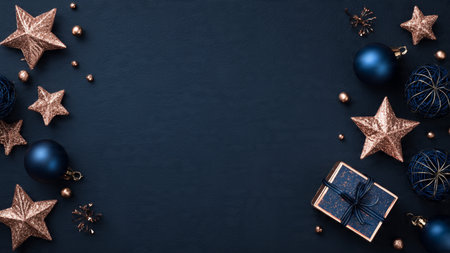 A monochrome midnight-blue holiday composition highlighted with minimal rose-gold touches for a clean luxury feel.の写真素材