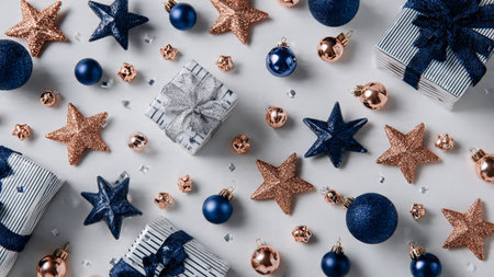 A soft gradient midnight-blue background paired with elegant rose-gold baubles for a luxurious holiday look.の写真素材