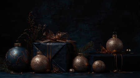 A symmetrical frame of matte blue decorations and shimmering rose-gold accents for a premium Christmas look.の写真素材