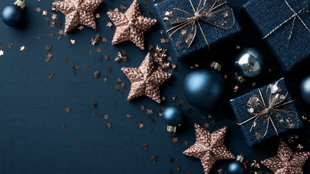 A cinematic holiday scene with moody blue tones and bright rose-gold decorations.の写真素材