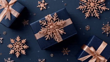 Minimalist flatlay with rose-gold ornaments arranged on a deep blue background, highlighting modern festive elegance.の写真素材