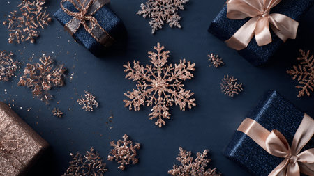 A curated arrangement of glossy midnight-blue and rose-gold holiday ornaments.の写真素材