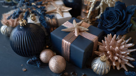 A top-view festive mockup featuring delicate rose-gold snowflakes over a dark blue matte background.の写真素材