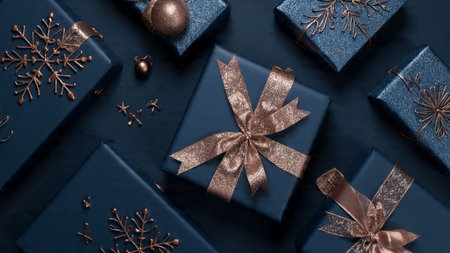 A modern minimalist holiday mockup featuring midnight-blue tones and rose-gold highlights, styled with balanced decorations under soft cinematic lighting.の写真素材