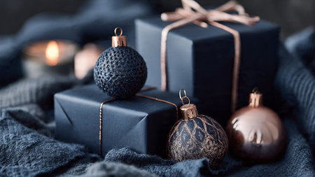 A decorative frame of glittering rose-gold stars surrounding elegant midnight-blue ornaments.の写真素材