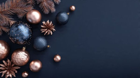 A cinematic holiday setting with soft rose-gold illumination cast across deep-blue elements.の写真素材