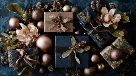 A perfectly balanced holiday scene featuring monochrome blue shapes and refined rose-gold accents.の写真素材