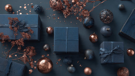 A bright rose-gold sparkle effect layered over elegant blue festive decorations.の写真素材