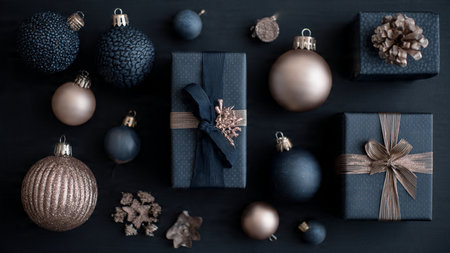 A matte blue surface featuring symmetric placement of rose-gold ornaments.の写真素材