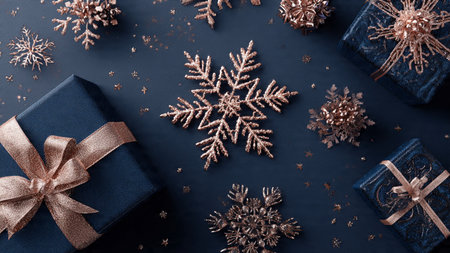 A moody vintage holiday composition with textured midnight-blue surfaces, antique rose-gold ornaments, and rustic ribboned presents.の写真素材