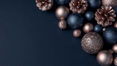 A refined arrangement featuring deep-blue gift boxes wrapped with rose-gold foil ribbons and premium holiday trimmings.の写真素材