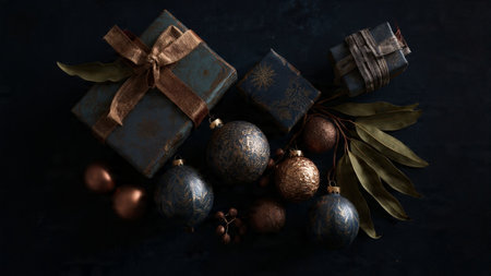 A modern flatlay with deep blue textures and refined rose-gold highlights arranged in visual harmony.の写真素材