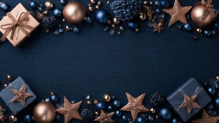 A shimmering rose-gold snowflake spread placed elegantly on dark blue festive textures.の写真素材