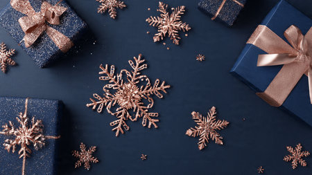 A bright rose-gold sparkle effect layered over elegant blue festive decorations.の写真素材