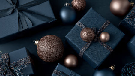 A high-end top-view scene with metallic snowflake patterns resting on matte blue surfaces.の写真素材