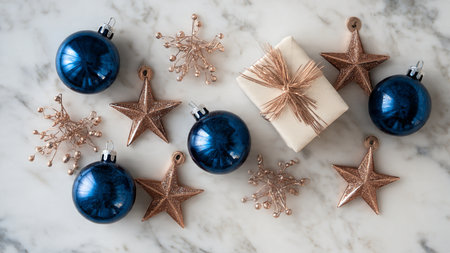 A moodier, vintage holiday layout with textured blue fabric and antique rose-gold dの写真素材