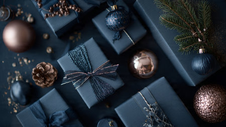 High-end blue and rose-gold gift packaging arranged with precise symmetrical balance.の写真素材