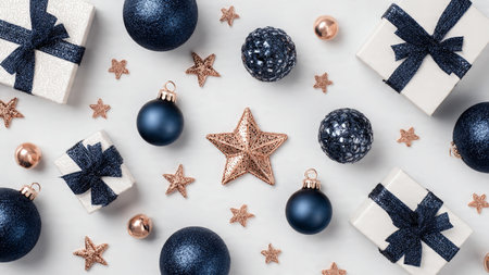 A rustic setup featuring textured blue paper and antique rose-gold ribbons arranged with nostalgic charm.の写真素材