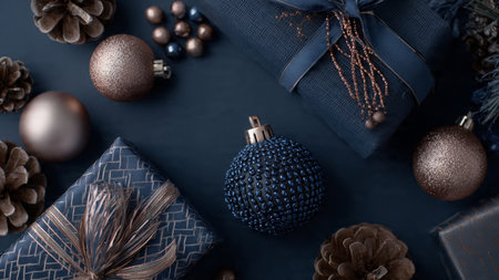 A stylish composition combining dark blue hues with subtle rose-gold decorative accents for a modern festive mood.の写真素材
