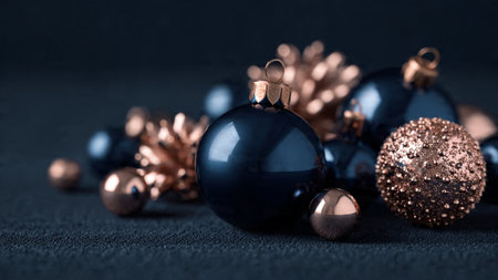 A cinematic blend of warm rose-gold glow illuminating sleek blue holiday shapes.の写真素材