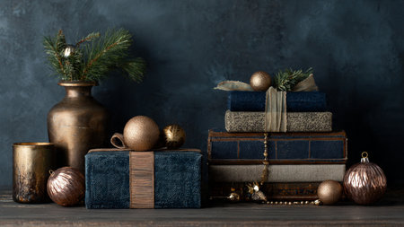 A glamorous bauble arrangement featuring polished rose-gold pieces laid out on midnight-blue fabric.の写真素材