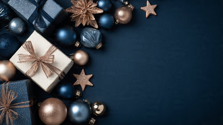 A premium still-life arrangement with matte blue textures and metallic rose-gold highlights.の写真素材