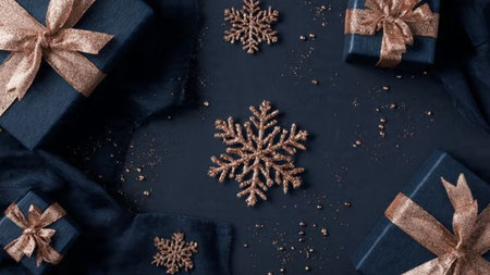 A premium Christmas mockup featuring monochrome blue textures and refined rose-gold ornaments.の写真素材