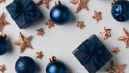 Sophisticated holiday composition blending high-end blue tones with metallic rose-gold elegance.の写真素材