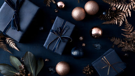 Warm studio lighting enhances subtle holiday details in a blue and rose-gold palette.の写真素材