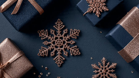 A timeless Christmas composition combining elegant blue baubles with sparkling rose-gold elements.の写真素材