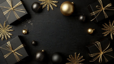 Fashionable holiday gifts in matte-black with premium gold accents.の写真素材