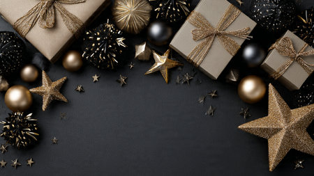 Metallic gold ornaments and premium gift boxes arranged on a matte-black luxury background.の写真素材