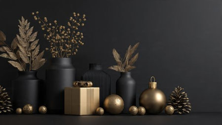 A seamless blend of matte-black tones and premium gold accents.の写真素材
