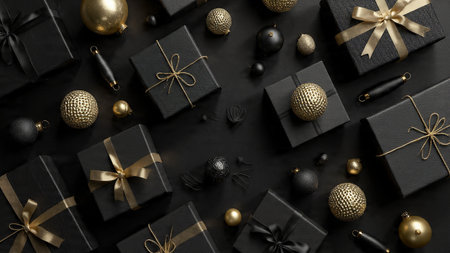A luxurious dark festive layout enriched with polished gold accents and high-end wrapping.の写真素材