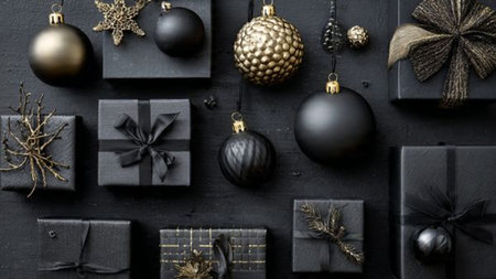 A timeless matte-black holiday design decorated with antique gold ornaments.の写真素材