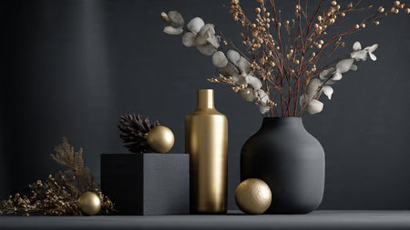 A monochrome noir theme elevated with pure-gold holiday touches for a modern luxury mood.の写真素材