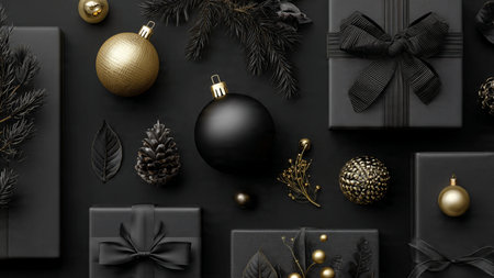 A circular gold arrangement framing matte-black festive elements.の写真素材