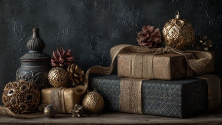 Radiant gold highlights illuminate a rich matte-black holiday arrangement.の写真素材