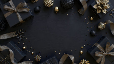 A minimalist black holiday theme featuring delicate touches of pure gold.の写真素材