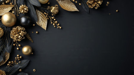 High-end black gift wrapping accented with glowing gold foil details.の写真素材
