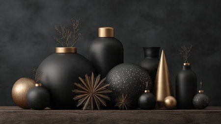 A sleek holiday composition featuring black gift boxes tied with metallic gold ribbon.の写真素材