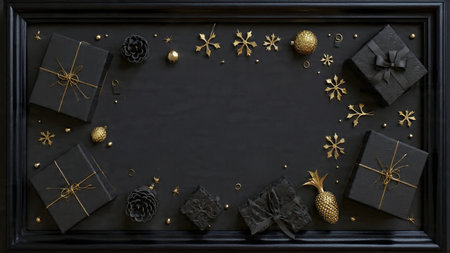 A modern holiday mockup featuring matte-black styling and shimmering pure-gold accents for a dramatic seasonal touch.の写真素材