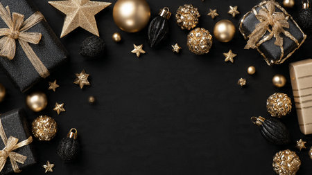 Luxury black gift sets and gold decorations arranged in a premium seasonal layout.の写真素材