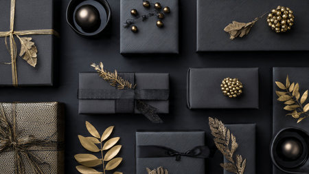 Elegant black gift boxes with metallic gold bows arranged symmetrically.の写真素材