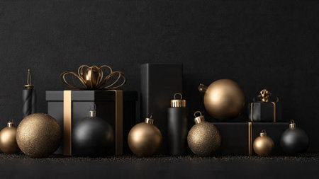 Dramatic lighting enhances a luxurious black and gold holiday scene.の写真素材