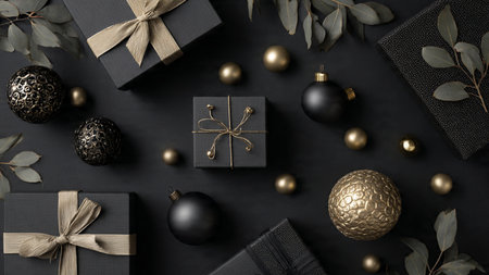 A premium festive environment featuring matte black surfaces and glowing pure-gold highlights.の写真素材